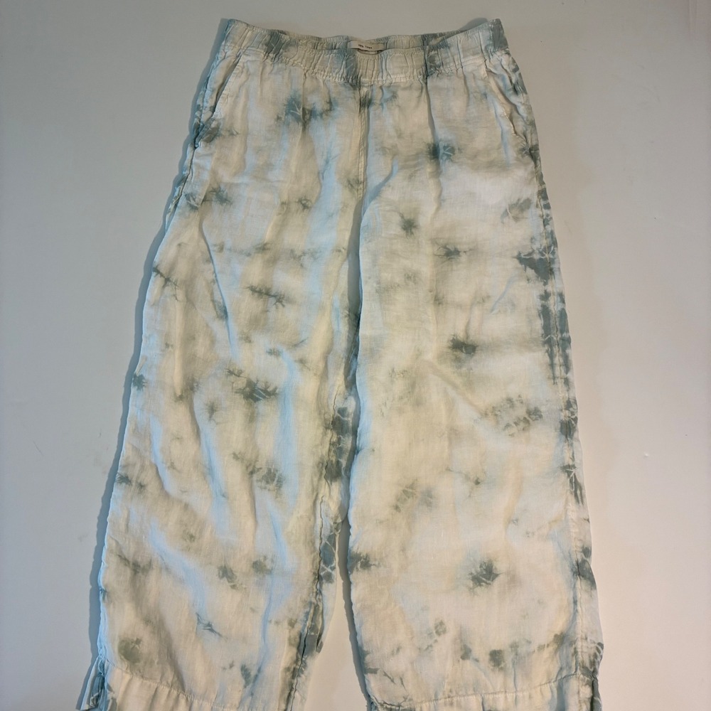 Rachel Zoe Womens Medium Linen Tie Dye Wide Leg Pants Sage Green White Cropped
